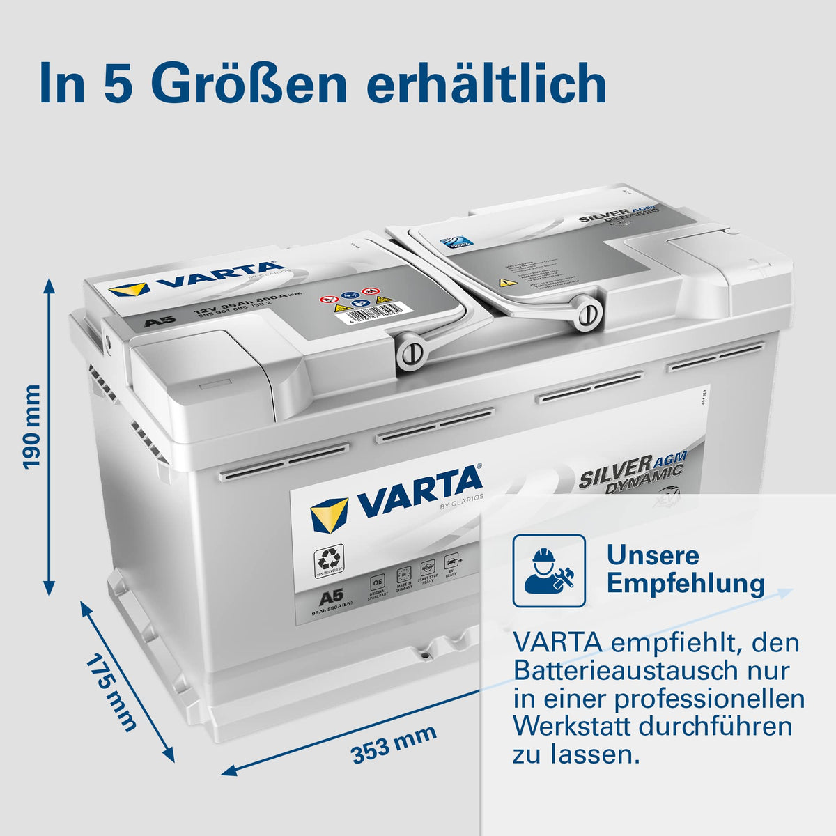 AGM Autobatterie 95 Ah 850 A 12 V 353 x 175 x 190 mm Start-Stopp xEV 6 Zellen SAE-Klemme 595901085
