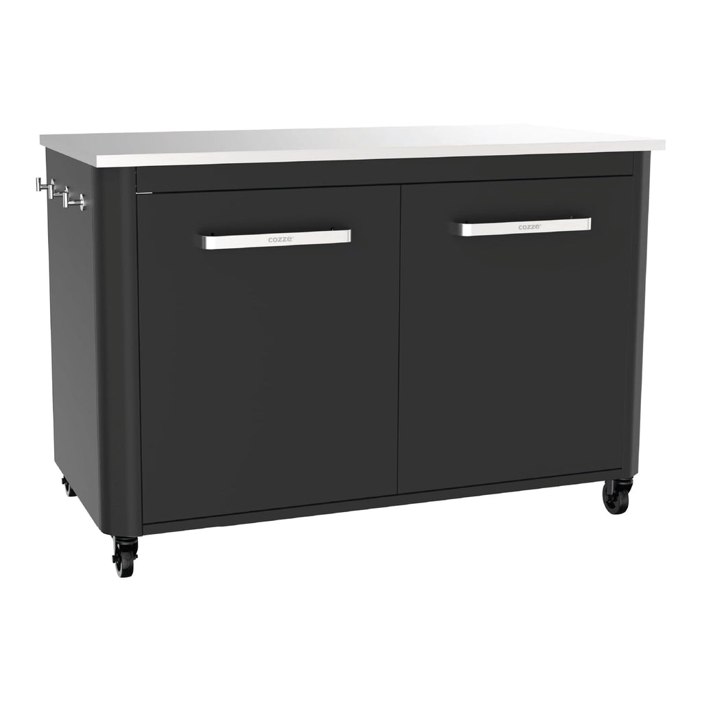 Outdoor-Küchenschrank mit Edelstahlplatte 2 Türen 4 Rollen Gasflaschenhalterung 127 x 67 x 90 cm