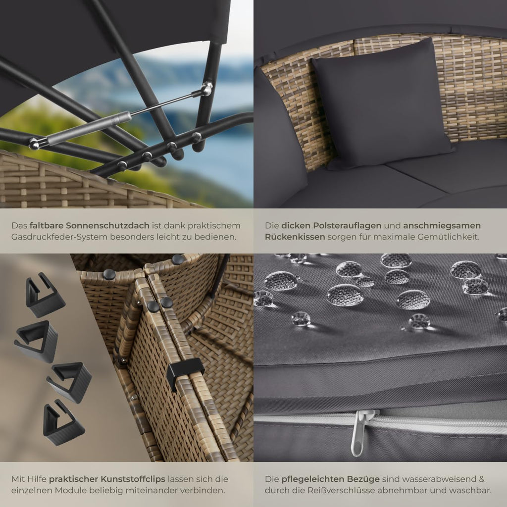 Polyrattan Sonneninsel Santorin II wetterfest 175 x 171 cm mit Sonnendach und Kissen
