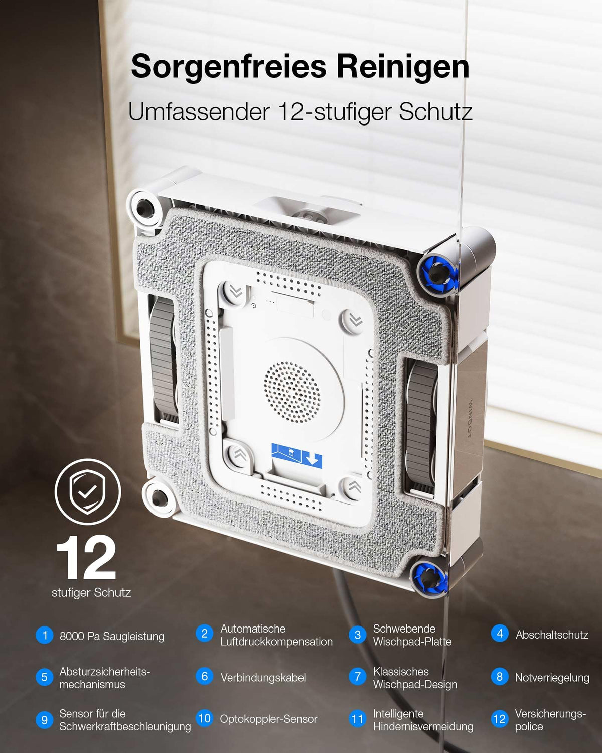 Fensterputzroboter W3 OMNI für Glas 800 N Saugkraft 3-Düsen-Sprühfunktion 350 ml App-Steuerung automatische Wischpadreinigung Kantenreinigung