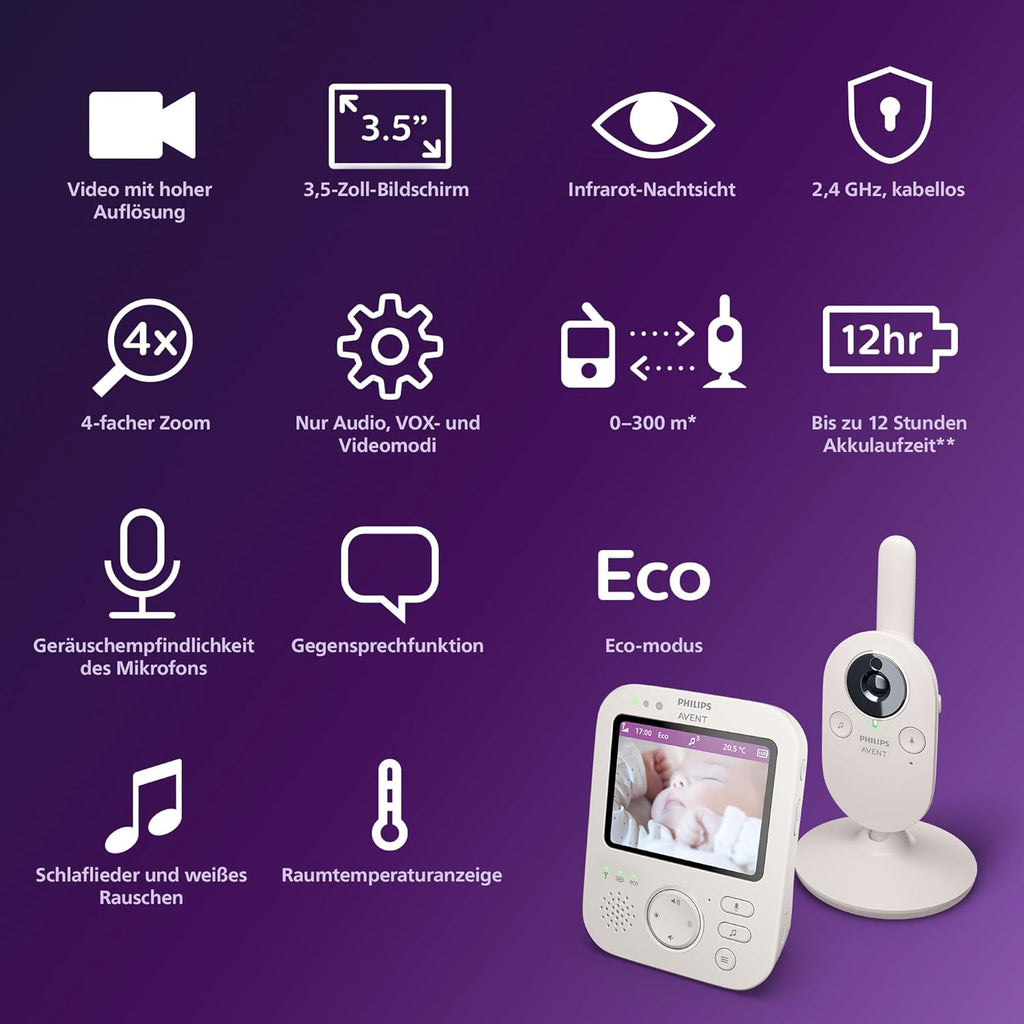 Video Babyphone mit Kamera SCD891/26 3,5 Zoll Display 720p Nachtsicht Temperaturüberwachung Schlaflieder