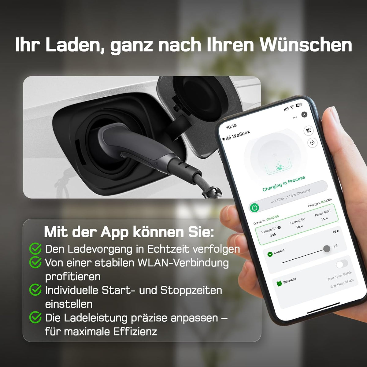 Mobile Wallbox deM2D11B10 11 kW Typ 2 Ladegerät 3-phasig 6-16 A mit App-Steuerung 10 m Ladekabel CEE 16A 400V