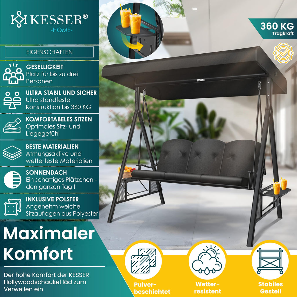 Hollywoodschaukel 3-Sitzer mit Sonnendach Sitzpolster Edelstahlrahmen bis 360 kg Anthrazit Sitztiefe 118 cm