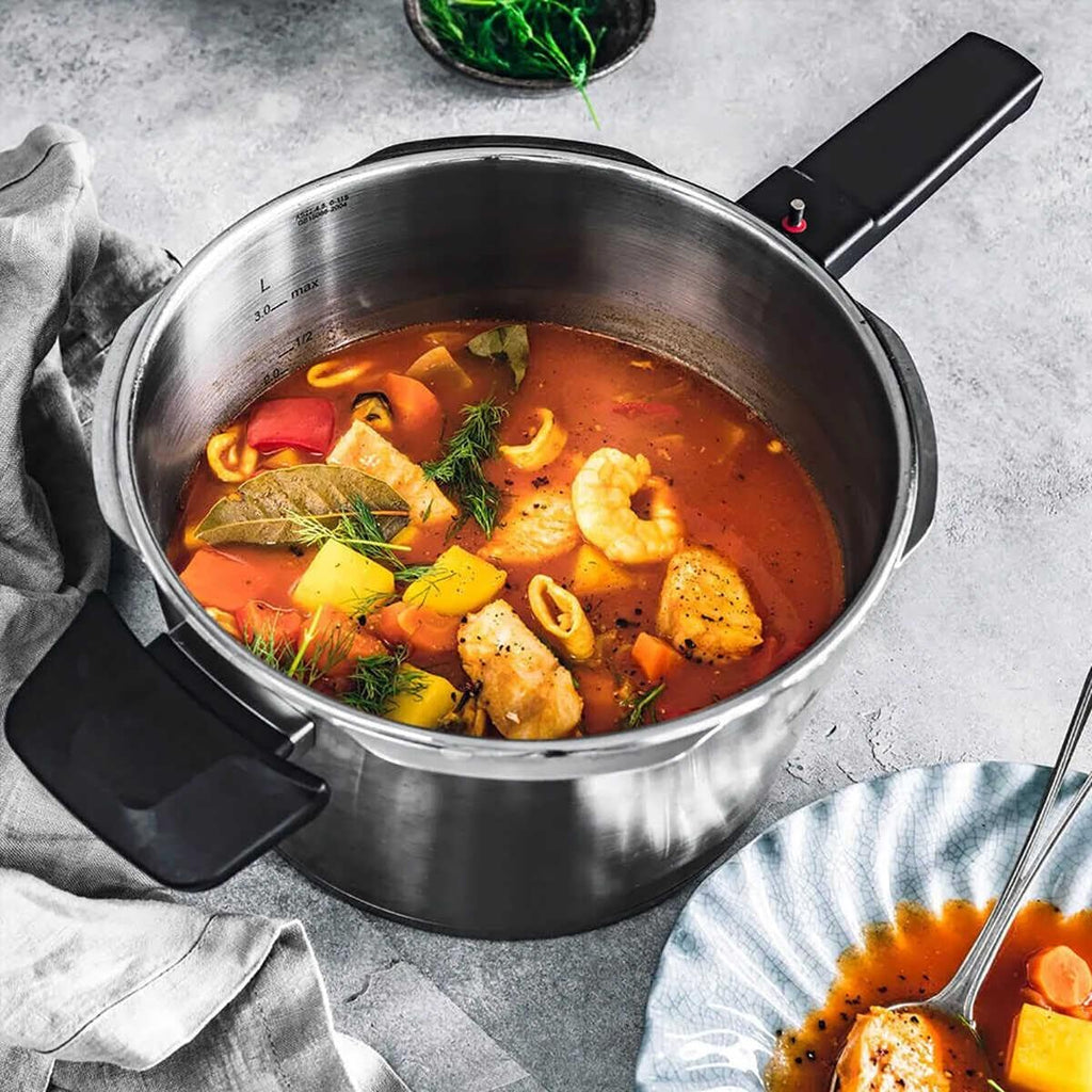 Schnellkochtopf Vitaquick Premium 6 L Edelstahl 22 cm mit gelochtem Einsatz 2 Kochstufen für Induktion