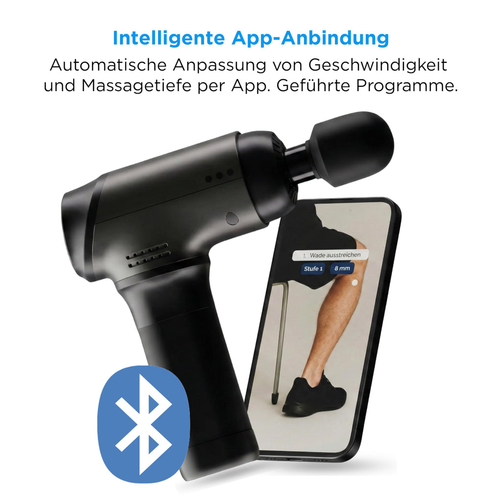 Massagepistole OM 4.0 Flex mit 8–12 mm Amplitude 5 Frequenzstufen 4000 mAh Akku 8 Aufsätzen und App