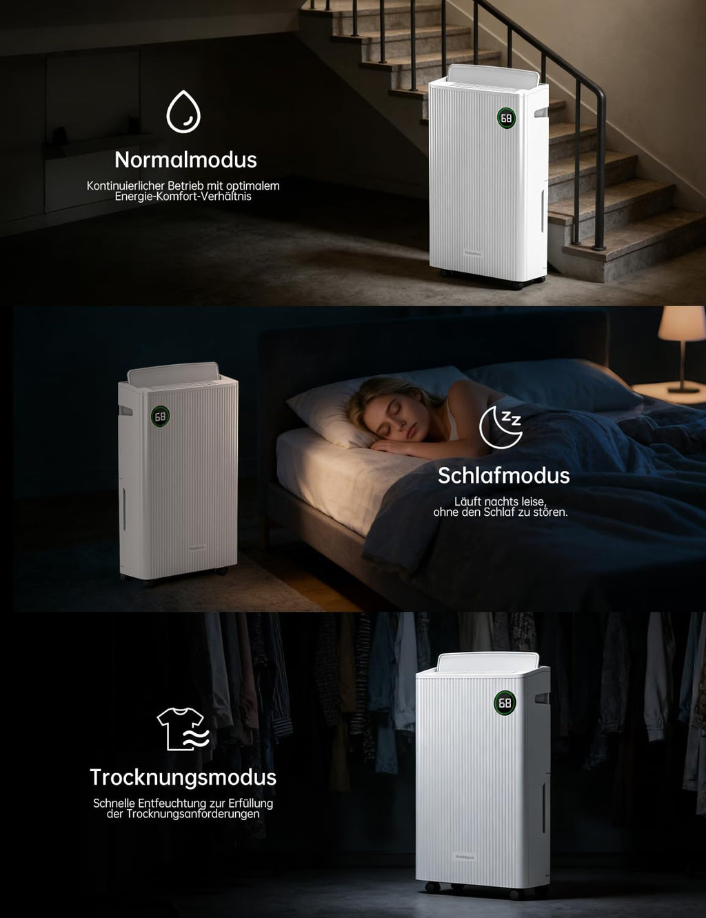 Luftentfeuchter elektrisch 20 L/Tag für Keller und Räume bis 50 m² mit 5,5-L-Wassertank 180 m³/h und 24-Stunden-Timer