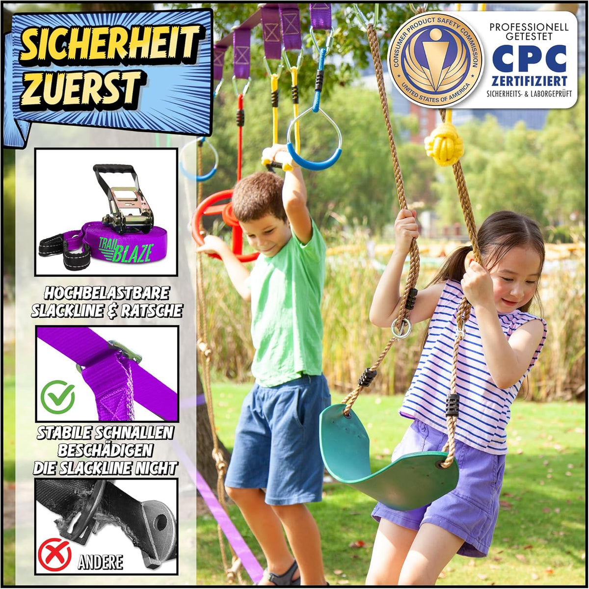 Ninja Hindernisparcours für Kinder Slackline Set 16,8 m mit Kletternetz Seilleiter Gymnastikringen Outdoor Trainingsgerät