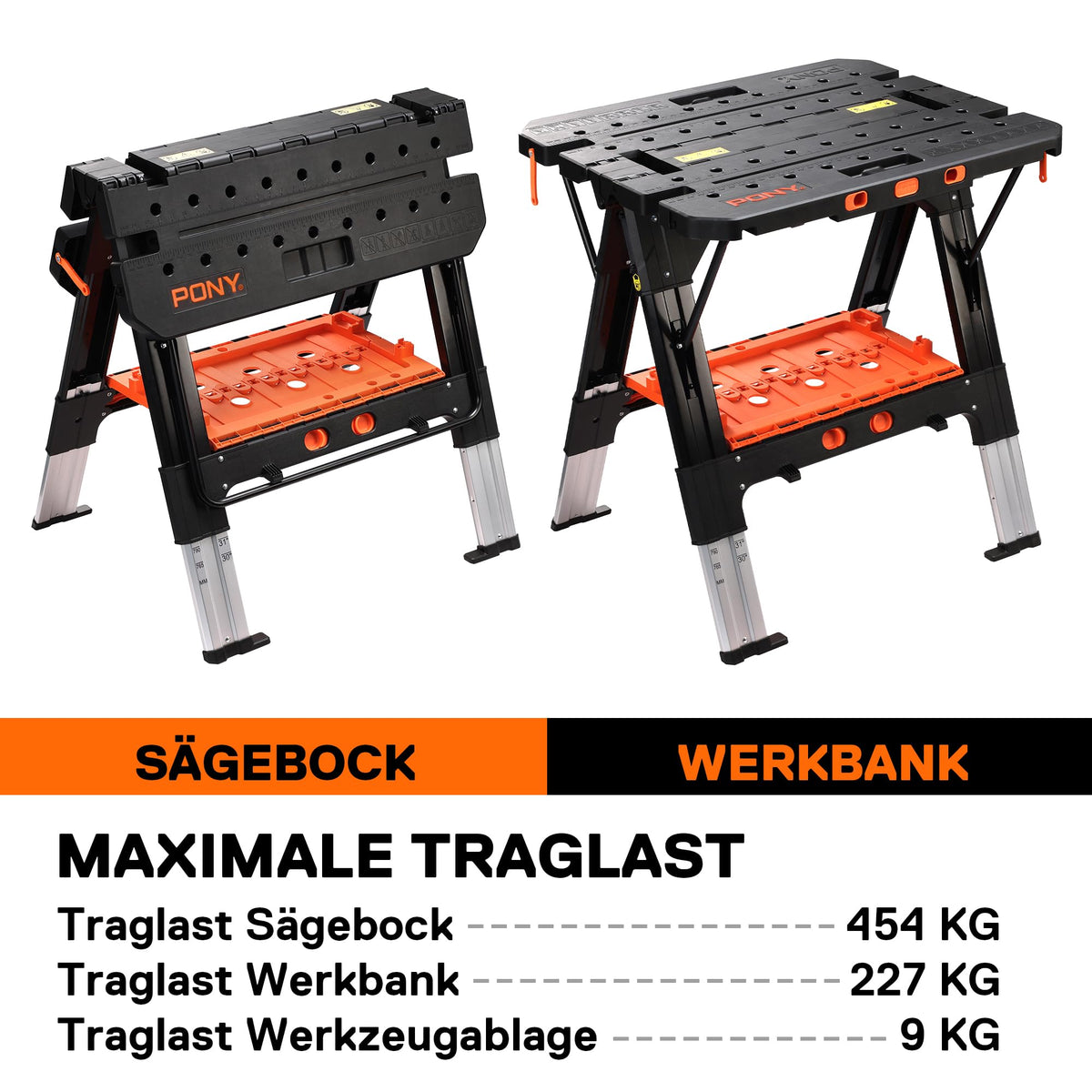 2-in-1 Werkbank Klappbar Sägebock 454 kg Arbeitsbock Aluminiumbeine 4 Schraubzwingen 79 x 63,5 cm