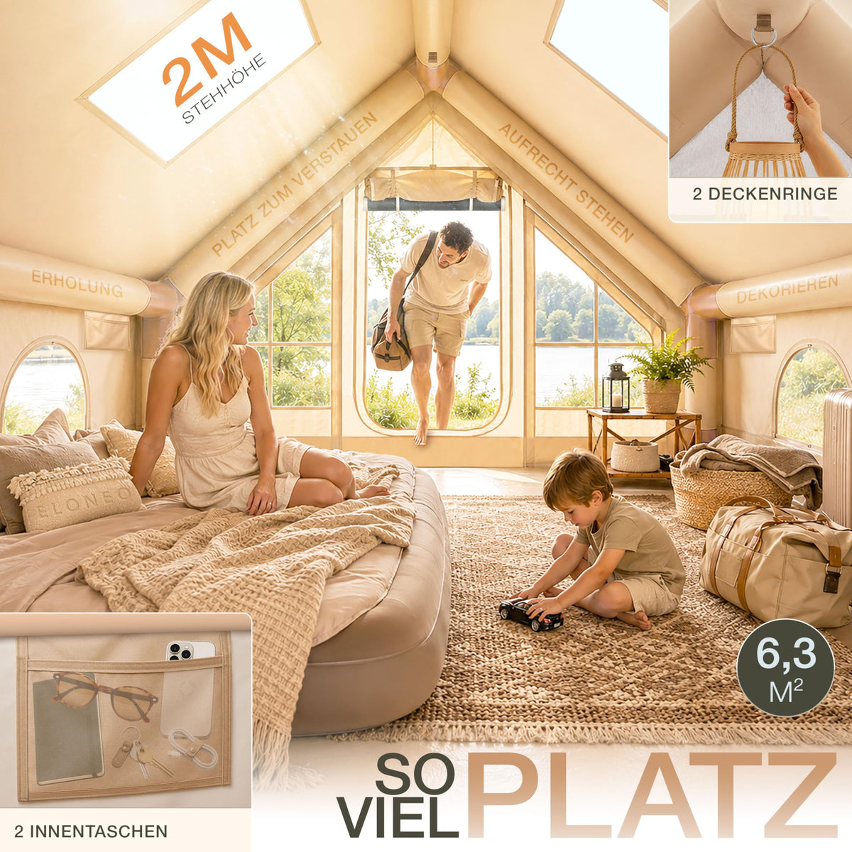 Aufblasbares Glamping-Zelt 72605 für 2–4 Personen 420D Oxford 4000–5000 mm mit Dachfenster und Luftpumpe