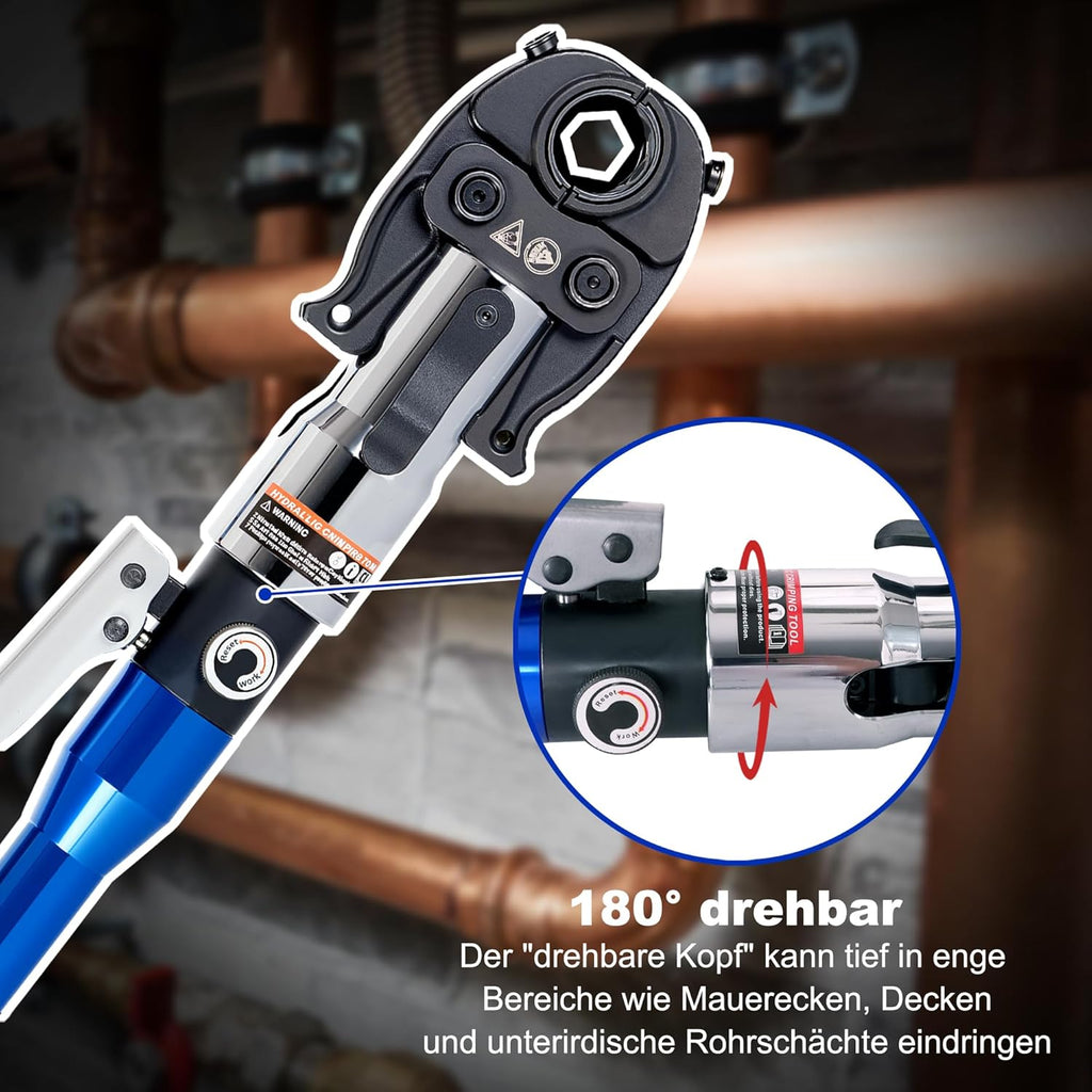 Hydraulische Rohrpresszange V und TH Kontur HT-1930 8T 80kN 12–32mm Pressbacken für Kupfer Edelstahl Verbundrohr Set
