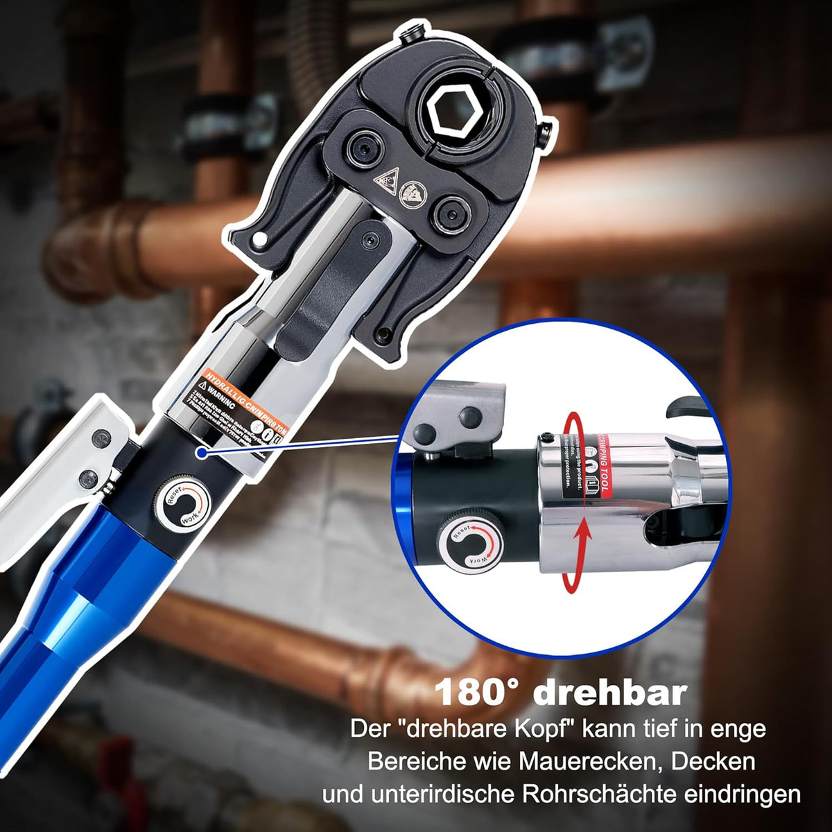 Hydraulische Rohrpresszange V und TH Kontur HT-1930 8T 80kN 12–32mm Pressbacken für Kupfer Edelstahl Verbundrohr Set
