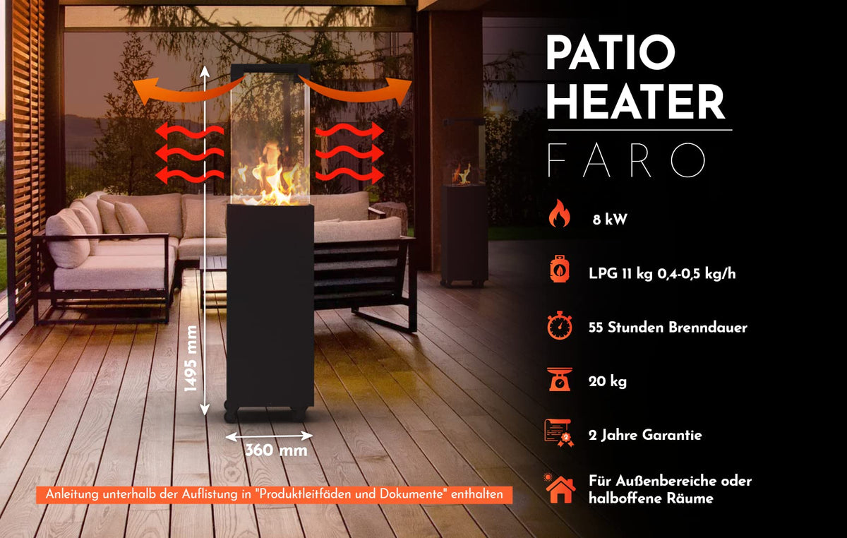 Gas-Terrassenheizer Faro 8 kW freistehend 36 x 36 x 150 cm Schwarz mit Gasregler und Schutzhülle