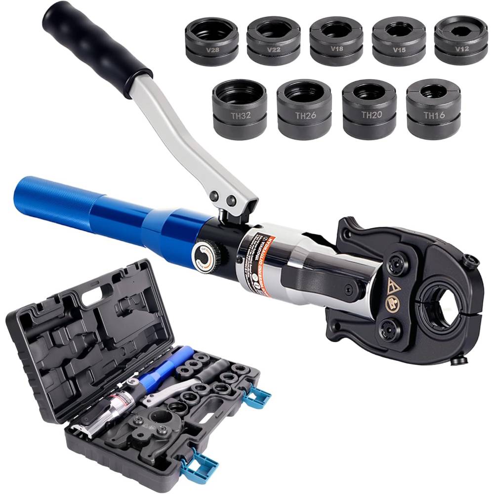 Hydraulische Rohrpresszange V und TH Kontur HT-1930 8T 80kN 12–32mm Pressbacken für Kupfer Edelstahl Verbundrohr Set