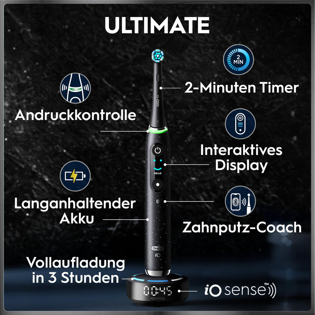 Elektrische Zahnbürste iO Series 10 7 Putzmodi iO Sense 3 Aufsteckbürsten Lade-Reise-Etui Schnellladestation