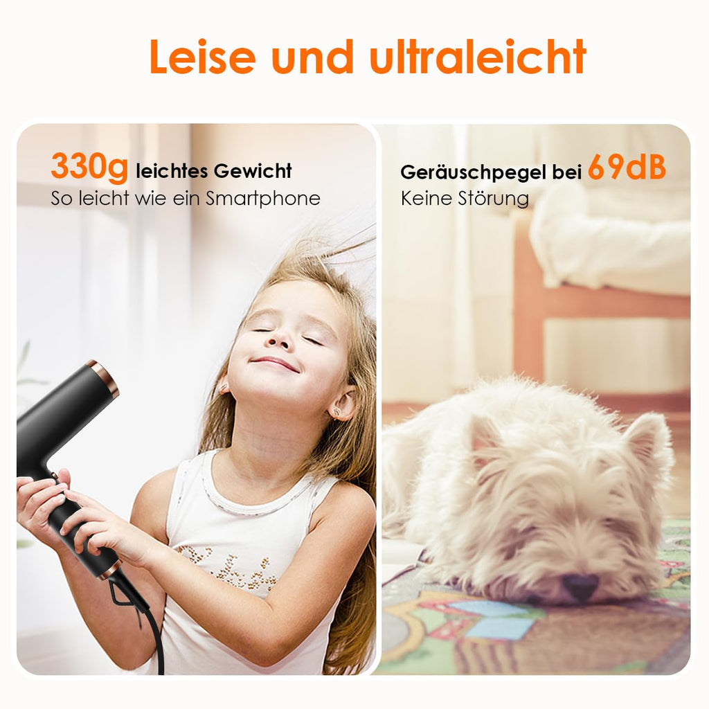 Haartrockner 1700 W 110.000 RPM bürstenloser Motor 12 Einstellungen LED-Anzeige Ionentechnologie 3 Magnetdüsen Schwarz