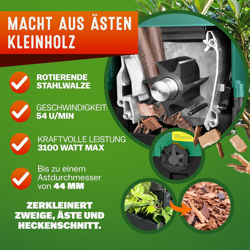 Elektrischer Walzenhäcksler DBHC002 3100 W bis 44 mm Aststärke mit 2 x 60 L Auffangbeuteln