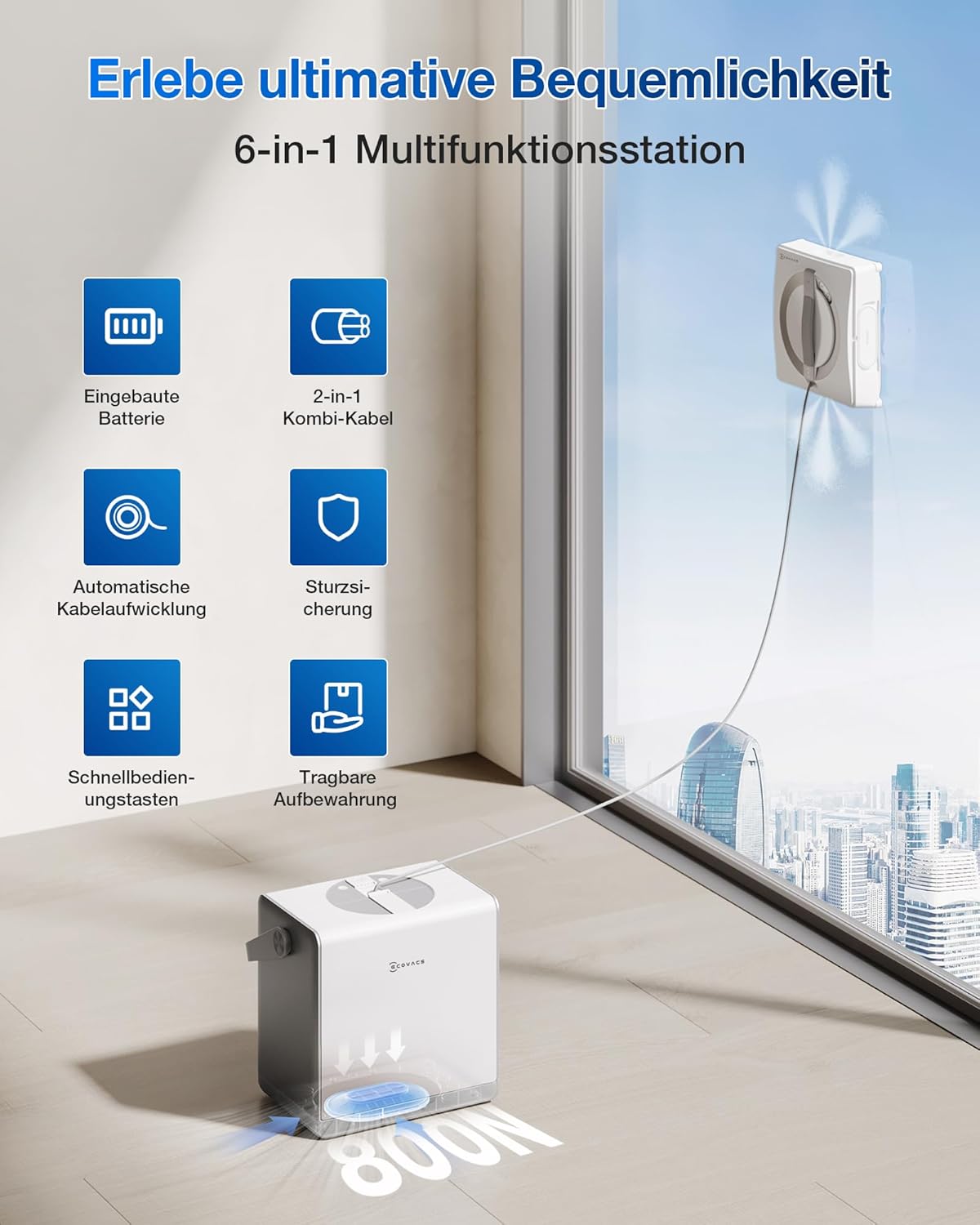 Fensterputzroboter W2 Pro Omni WG851-11 Glasreinigung 6-in-1 Station Win-SLAM 4.0 12-Stufen Schutz 3-Düsen Sprühkopf Weiß