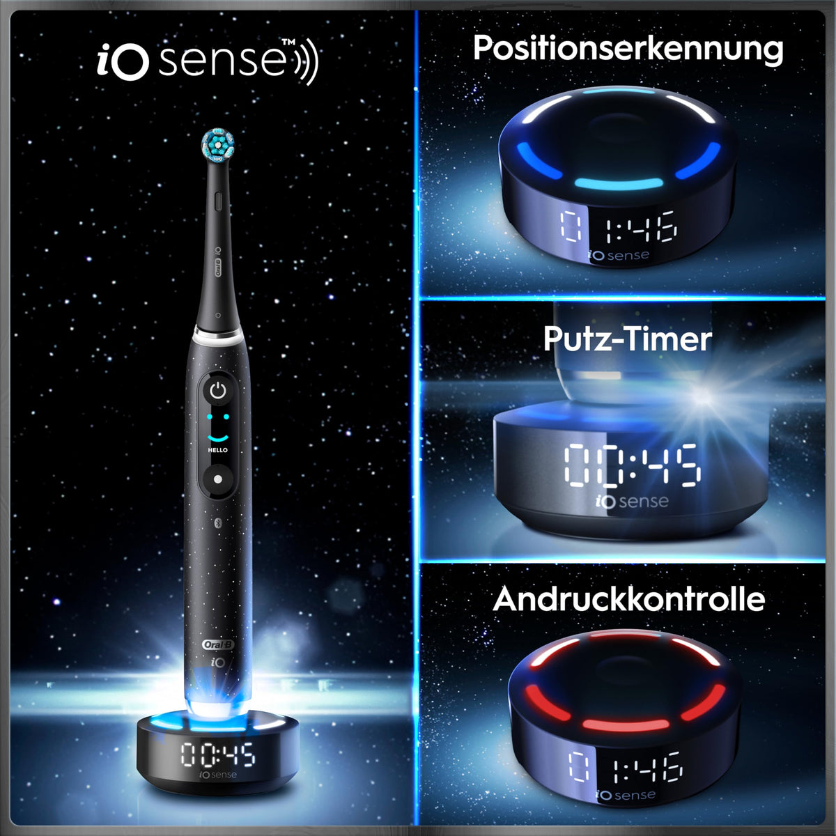 Elektrische Zahnbürste iO Series 10 7 Putzmodi iO Sense 3 Aufsteckbürsten Lade-Reise-Etui Schnellladestation