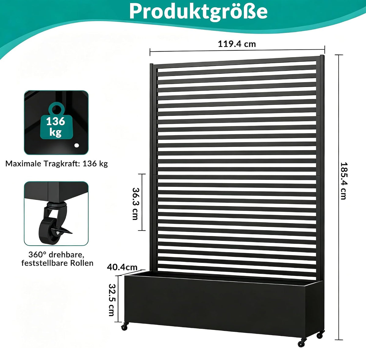 Pflanzkasten mit Spalier Metall Hochbeet auf Rollen Sichtschutz 120x40x185 cm rechteckig Garten Balkon Terrasse