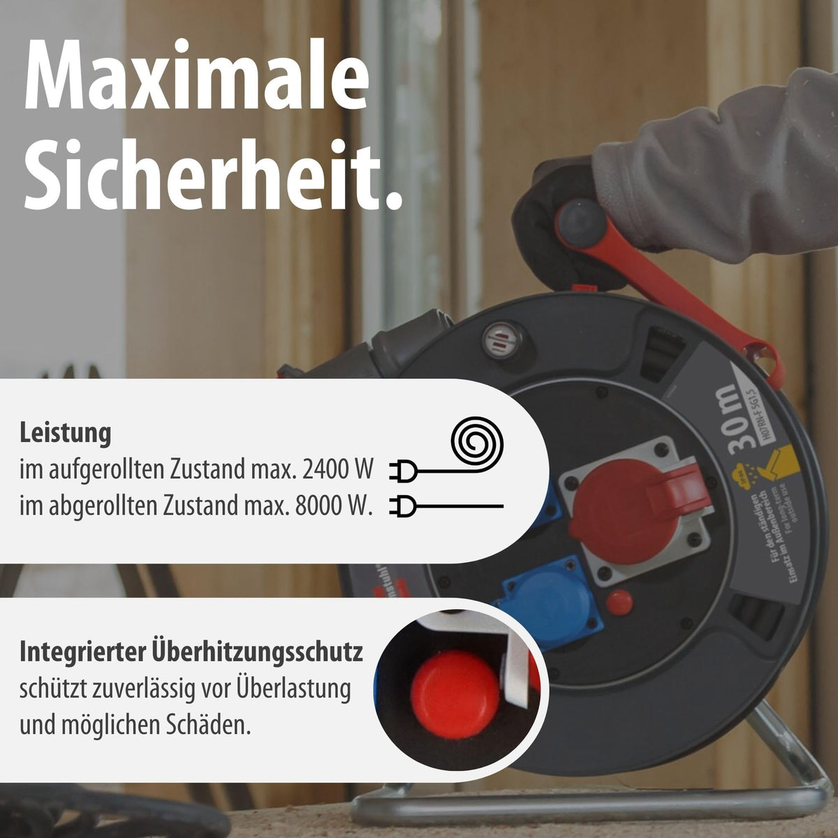 CEE-Kabeltrommel 30 m IP44 H07RN-F 5G1,5 400 V 16 A mit CEE-Steckdose und 2 Schutzkontakt-Steckdosen für Außenbereich
