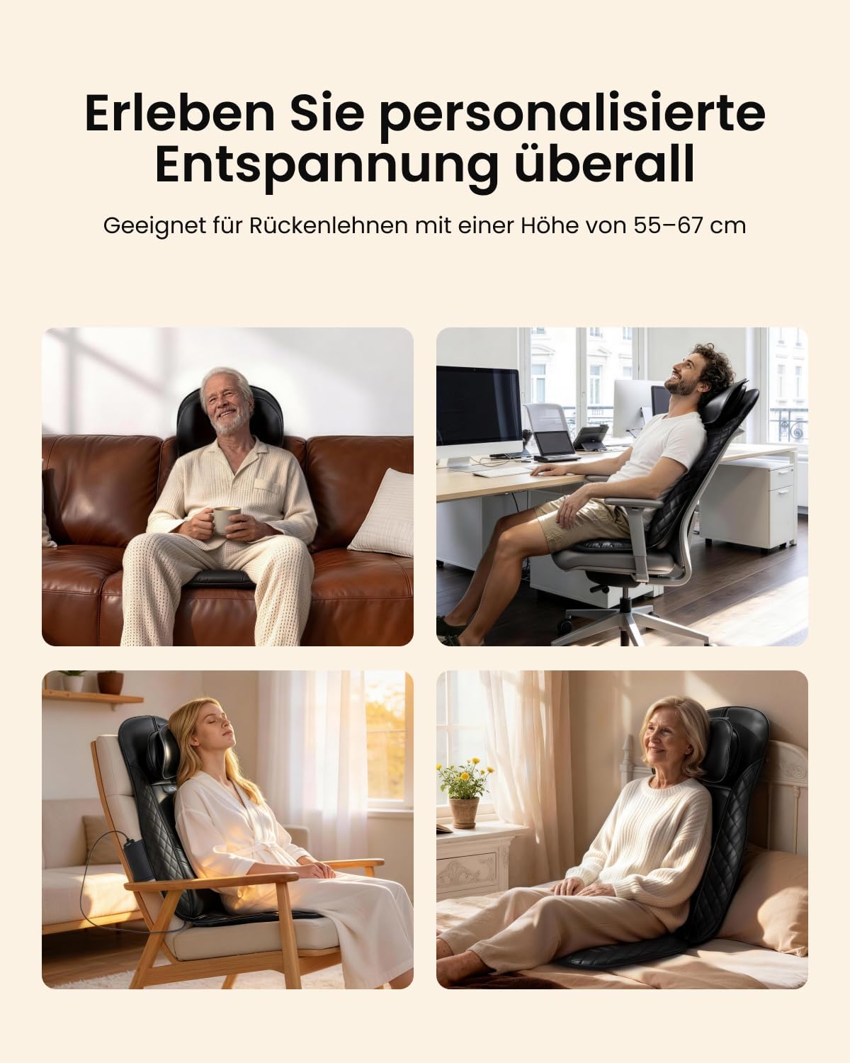 Shiatsu Massagesitzauflage für Rücken und Nacken 12 Massagerollen 3 Massagezonen Wärmefunktion Sitzvibration Verstellbare Nackenmassage