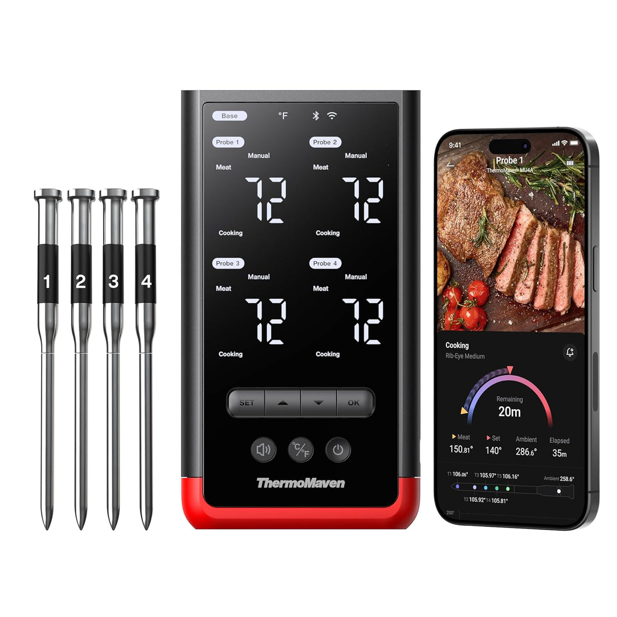 Kabelloses Fleischthermometer P4 4 Sonden 6 Sensoren WiFi Bluetooth 5.3 IPX8 App Grillthermometer Bratenthermometer