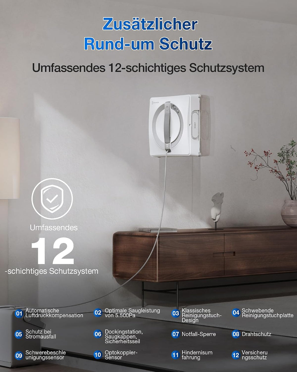 Fensterputzroboter W2 Pro Omni WG851-11 Glasreinigung 6-in-1 Station Win-SLAM 4.0 12-Stufen Schutz 3-Düsen Sprühkopf Weiß