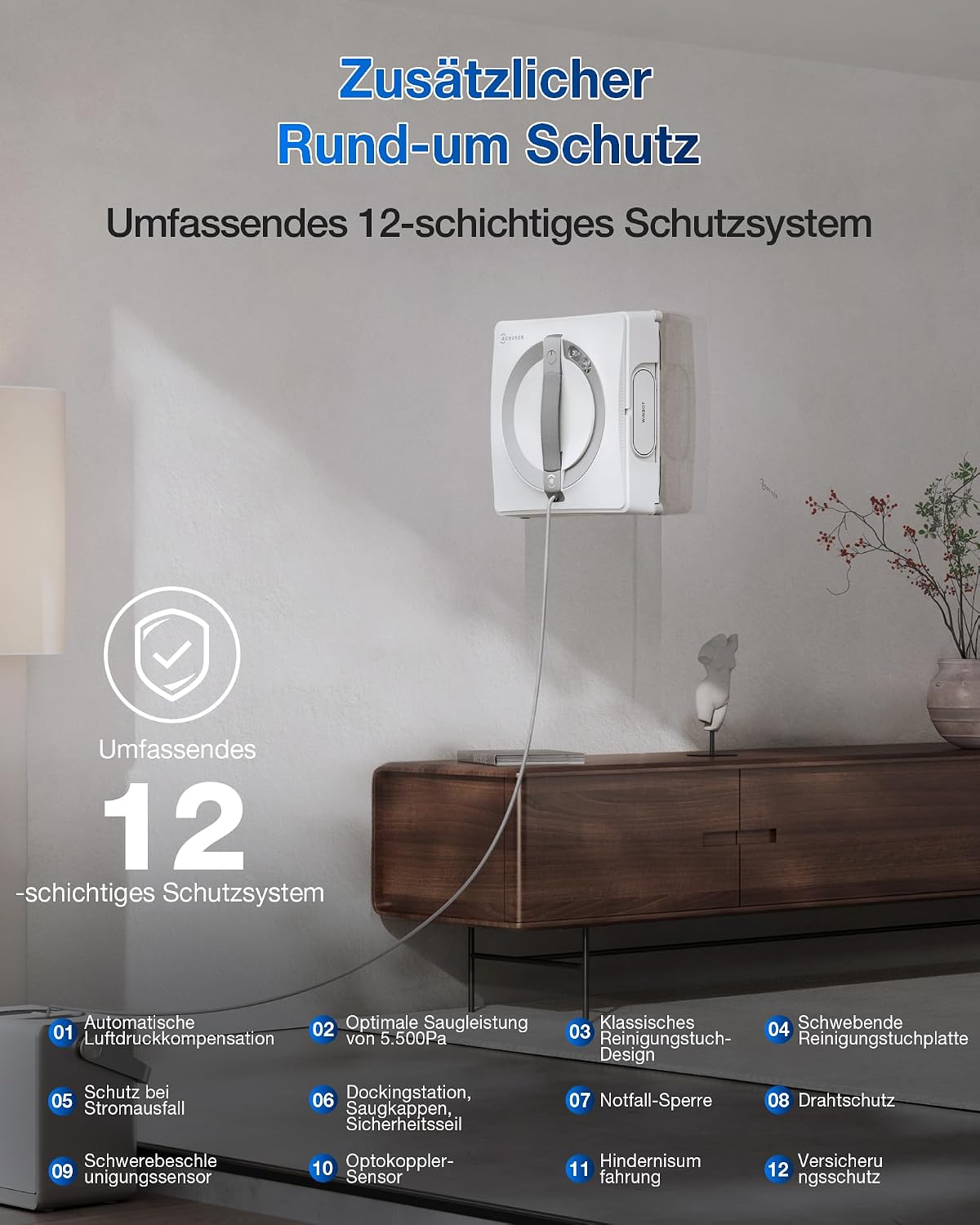 Fensterputzroboter W2 Pro Omni WG851-11 Glasreinigung 6-in-1 Station Win-SLAM 4.0 12-Stufen Schutz 3-Düsen Sprühkopf Weiß