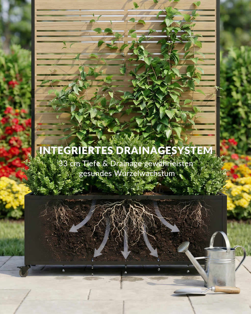 Metall Hochbeet mit Sichtschutz Rankgitter Rollen 33 cm tief 185 cm hoch wetterfest für Garten Balkon Terrasse