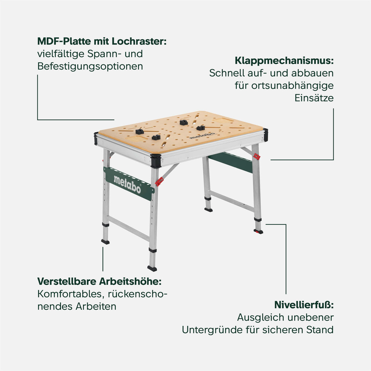Multifunktionstisch MWB 100 Klappbare Werkbank Montagetisch mit 120 kg Traglast höhenverstellbar 2 Einhandzwingen 4 Bankhaken und 2 Eckverbinder