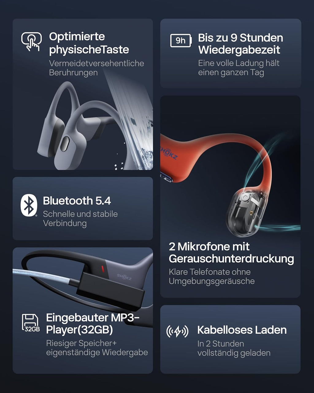 Knochenschall Schwimm Kopfhörer OpenSwim Pro S711 IP68 32GB MP3 Bluetooth 5.4 9h Kabelloses Laden Grau