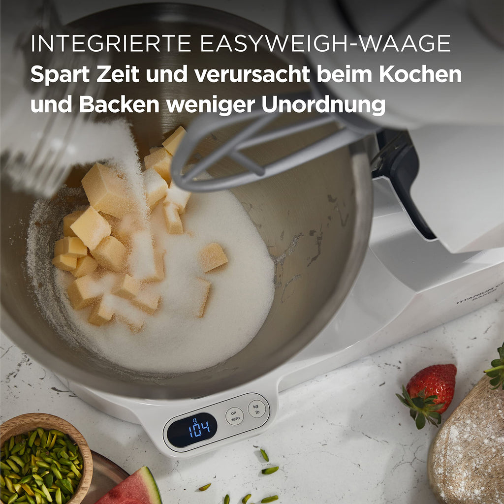 Küchenmaschine Titanium Chef Baker KVC65.001WH 1200 W 5 L Edelstahlschüssel mit Waage und Patisserie Set