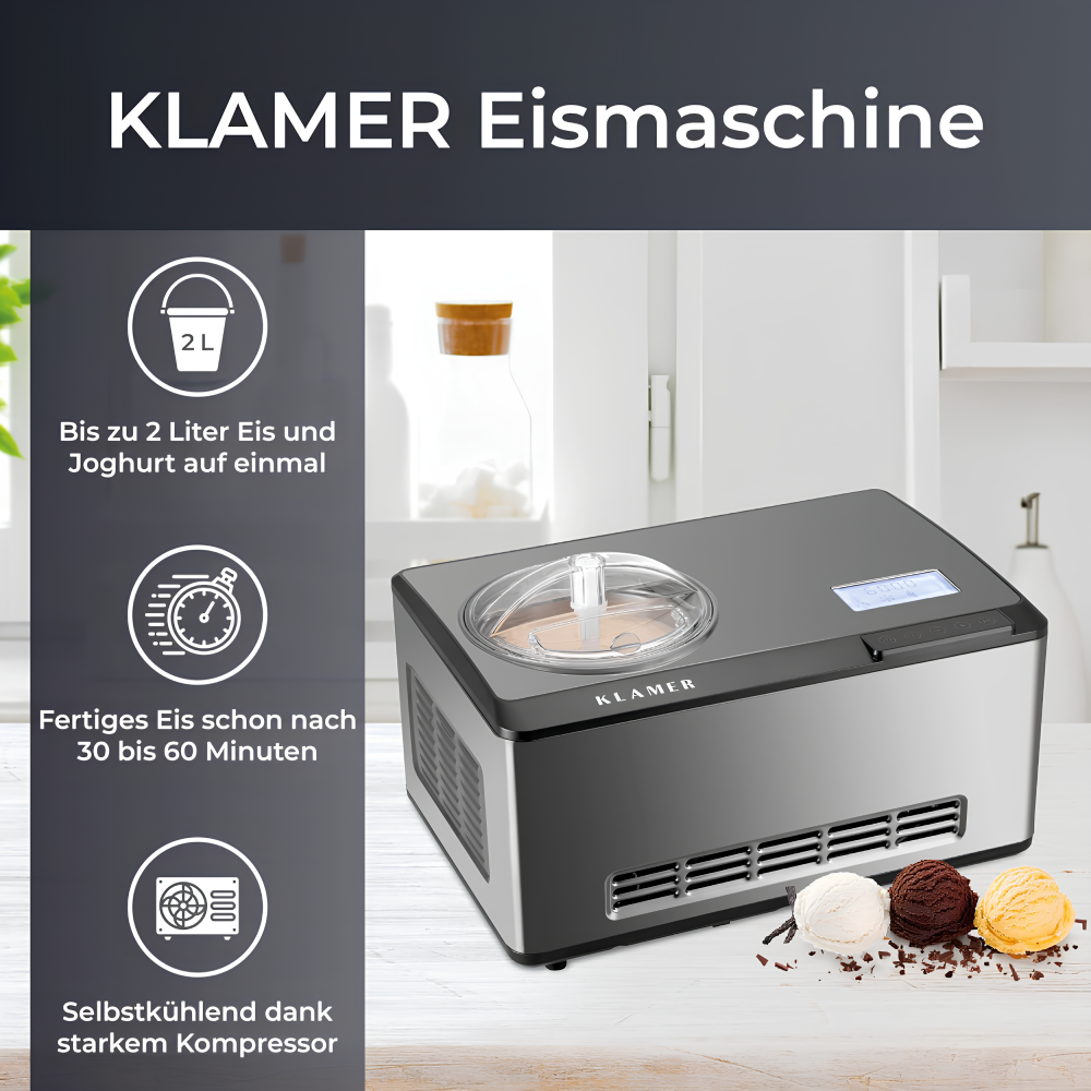 Eismaschine 2 in 1 mit Kompressor 2 L 180 W Edelstahl Kühl- und Heizfunktion Joghurt Eiscreme Maschine