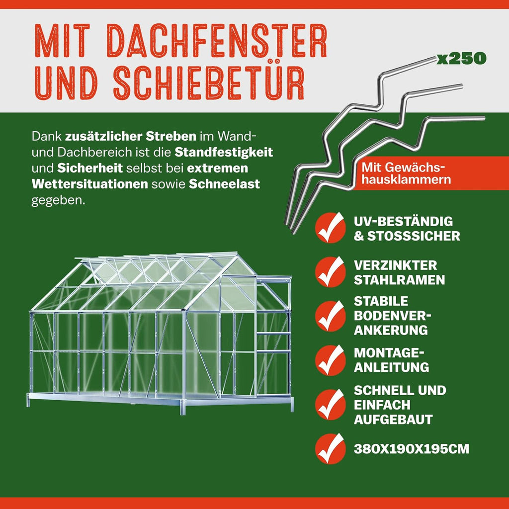 Aluminium Gewächshaus 7,2m² 380x190cm Treibhaus Polycarbonat 4mm 4 Dachfenster mit Fundament