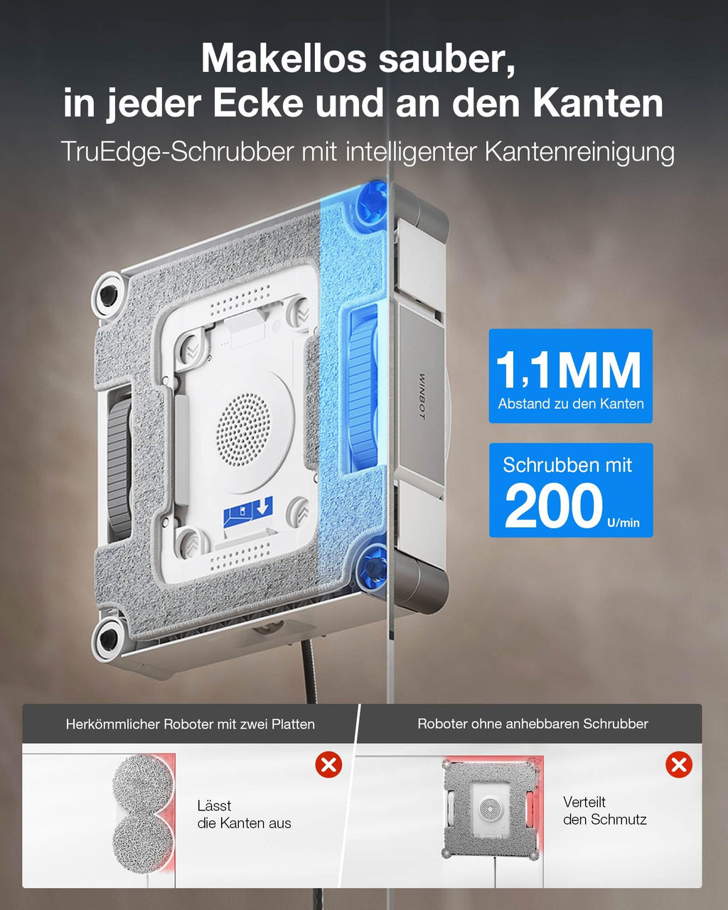 Fensterputzroboter W3 OMNI für Glas 800 N Saugkraft 3-Düsen-Sprühfunktion 350 ml App-Steuerung automatische Wischpadreinigung Kantenreinigung