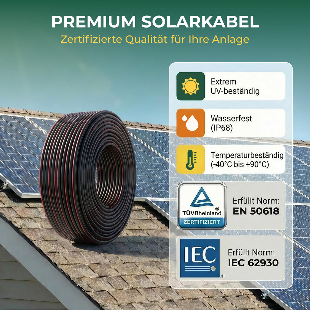 PV-Solarkabel H1Z2Z2-K 6 mm² 100 m Rolle Schwarz Kupfer 1500 V UV-beständig TÜV-zertifiziert