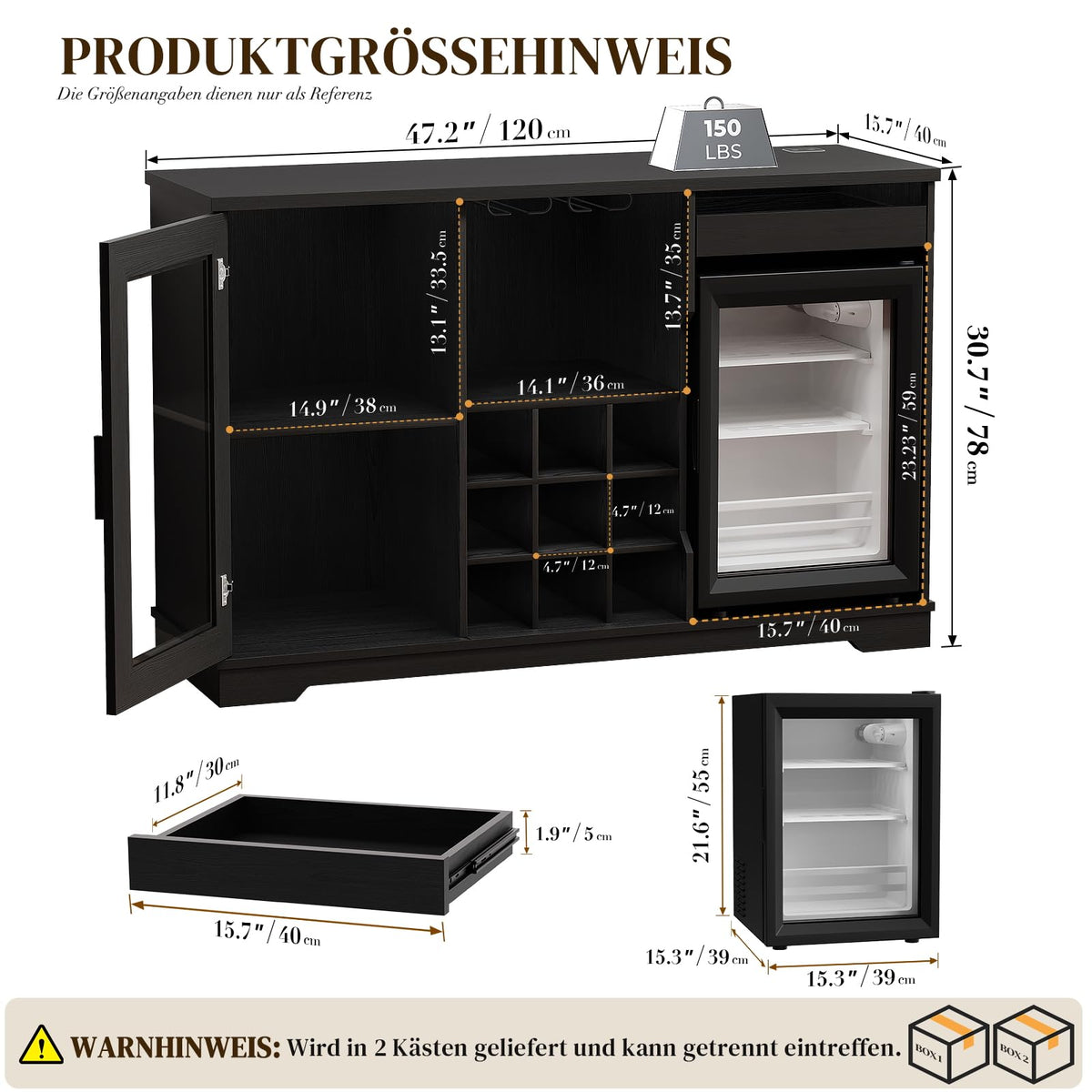 Barschrank mit Kühlschrank WR003B 120 x 40 x 78 cm LED-Beleuchtung 9 Weinregale Bewegungssensor