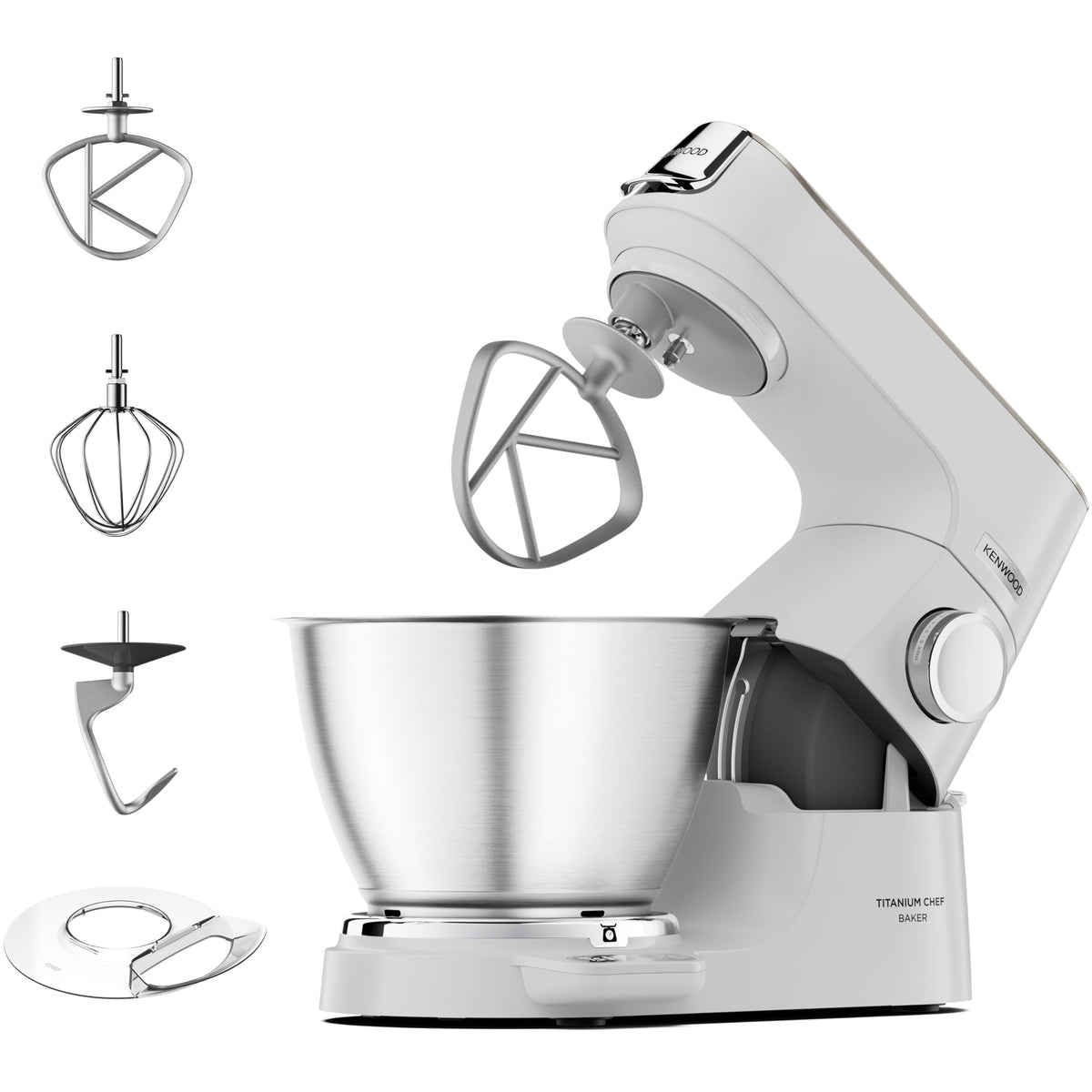 Küchenmaschine Titanium Chef Baker KVC65.001WH 1200 W 5 L Edelstahlschüssel mit Waage und Patisserie Set