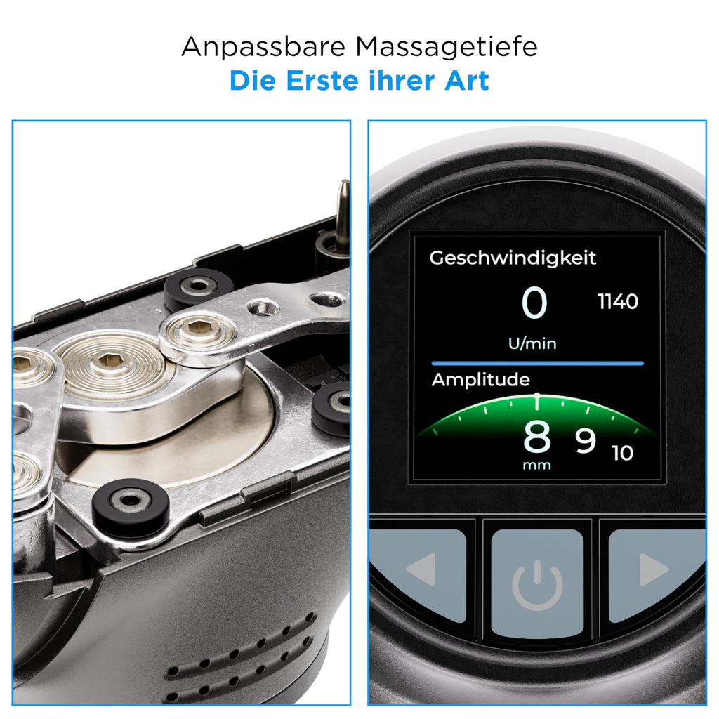 Massagepistole OM 4.0 Flex mit 8–12 mm Amplitude 5 Frequenzstufen 4000 mAh Akku 8 Aufsätzen und App