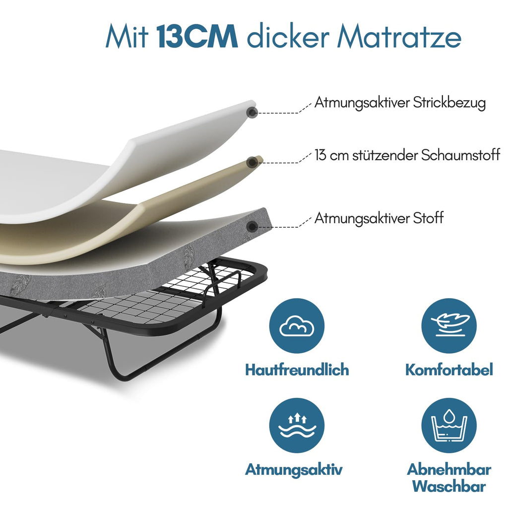 Klappbett 90 × 200 cm mit 13 cm Matratze bis 200 kg Metallrahmen Rollen Staubschutzhülle und waschbarem Bezug
