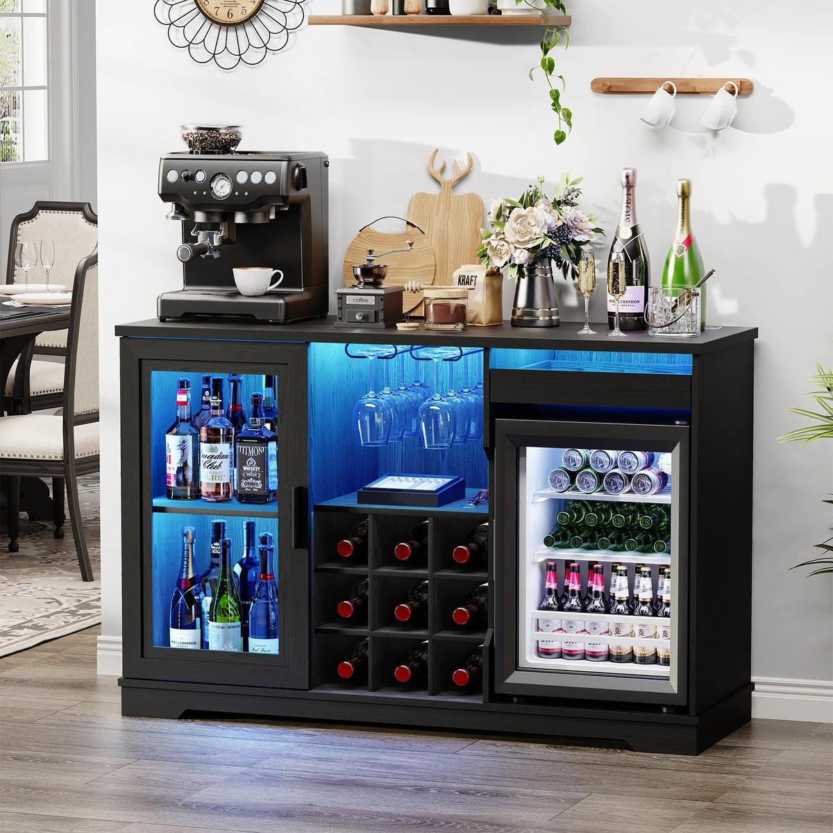 Barschrank mit Kühlschrank WR003B 120 x 40 x 78 cm LED-Beleuchtung 9 Weinregale Bewegungssensor