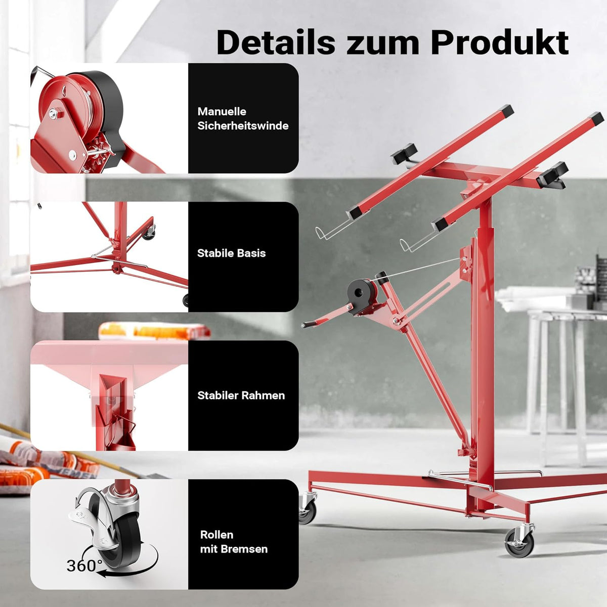 Plattenheber XXL 50790 Trockenbau 68kg Tragkraft 140–350cm Höhe 2,90m Breite 3 Rollen mit Feststellbremse rot