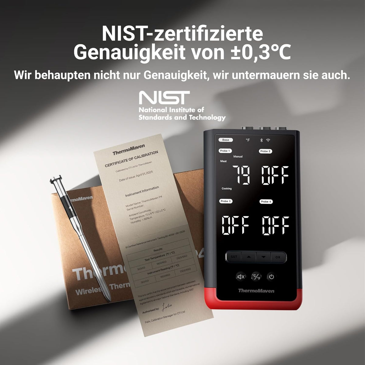 Kabelloses Fleischthermometer P4 4 Sonden 6 Sensoren WiFi Bluetooth 5.3 IPX8 App Grillthermometer Bratenthermometer