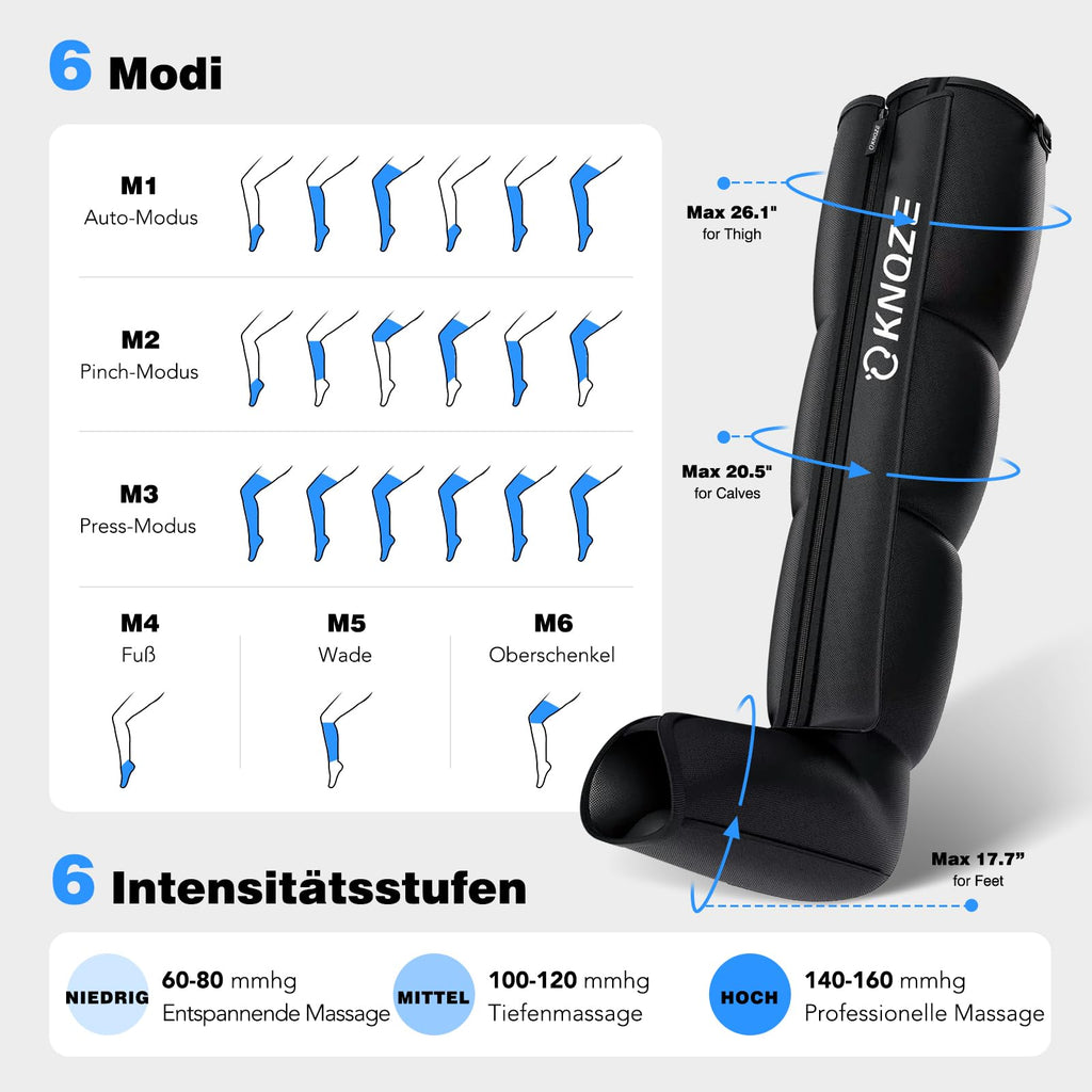 Beinmassagegerät mit 4 Zonen 6 Modi 6 Intensitäten 3 Timer für Füße Waden und Oberschenkel