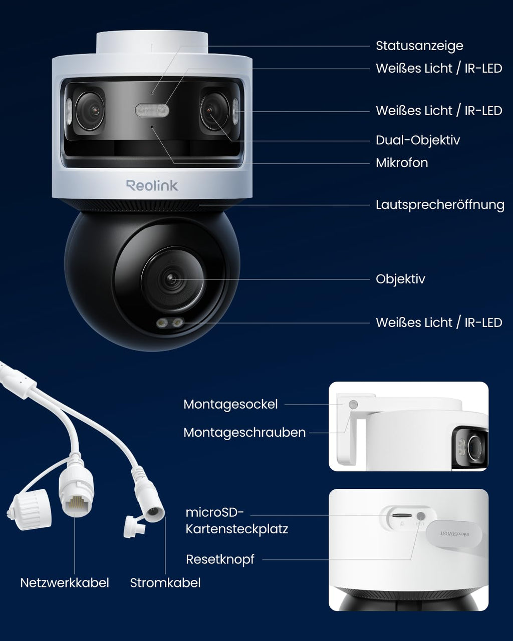 Dreifachobjektiv PoE Überwachungskamera außen 10MP+8MP 180° Panorama PTZ Auto-Tracking KI-Erkennung Farb- und IR-Nachtsicht 24/7-Aufzeichnung