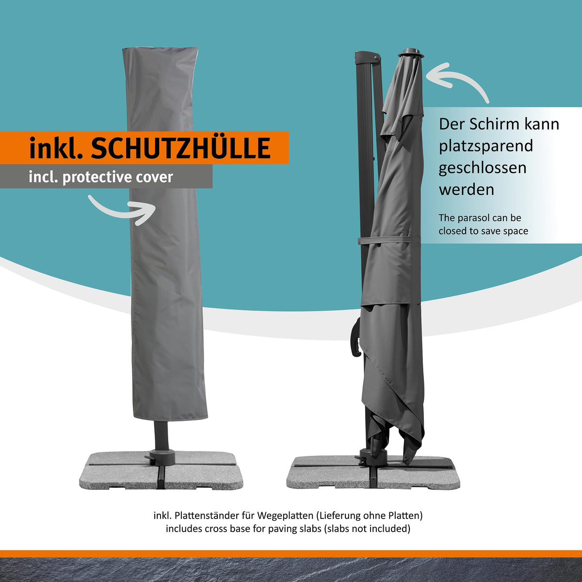Rechteckiger Ampelschirm RHODOS GRANDE 400 x 300 cm aus Polyester mit Aluminiumgestell Kurbel 360° drehbar Anthrazit