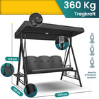 Hollywoodschaukel 3-Sitzer mit Sonnendach Sitzpolster Edelstahlrahmen bis 360 kg Anthrazit Sitztiefe 118 cm