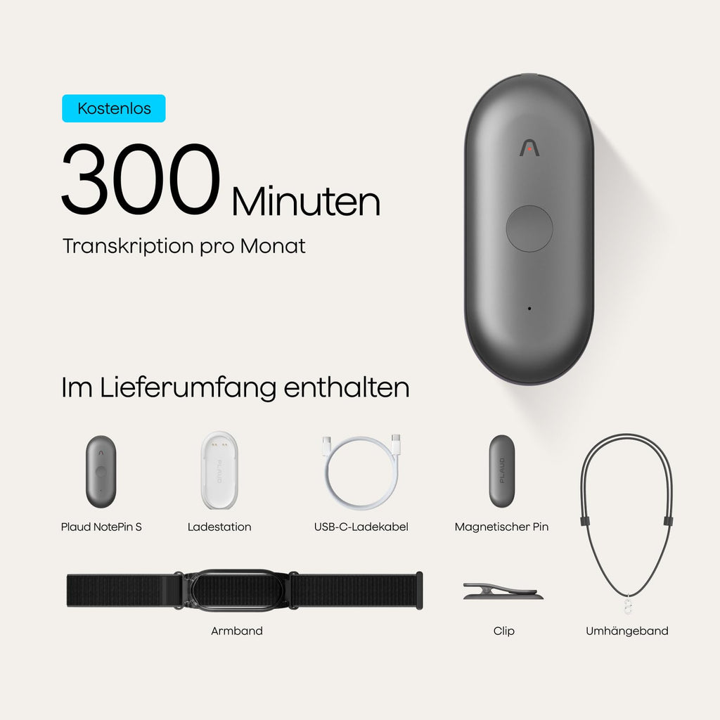 KI-Diktiergerät NotePin S mit Aufnahmetaste 64 GB 20 Stunden Aufnahme 4 Tragemodi Transkription und Zusammenfassungen