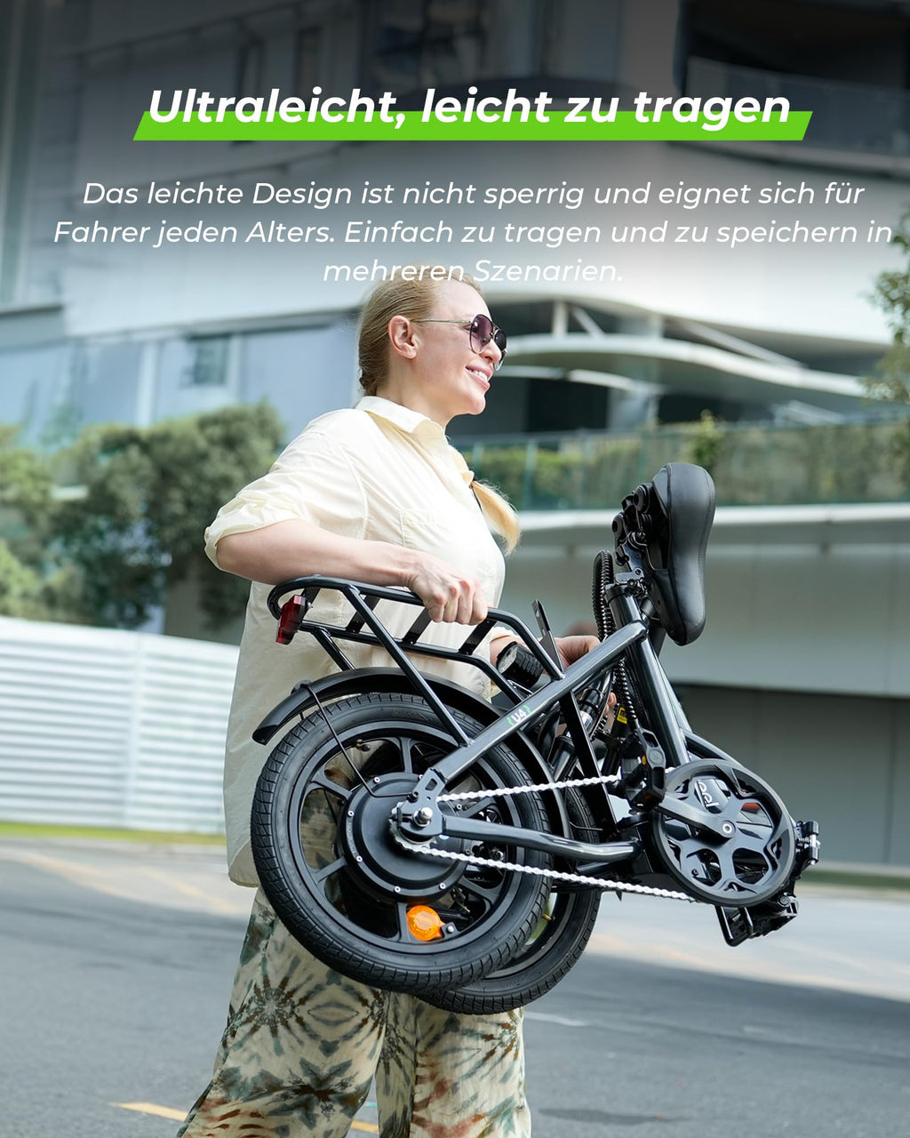 Faltbares E-Bike U4 16 Zoll Schwarz mit 250 W Motor 36 V 10,4 Ah Akku 5 Gängen Scheibenbremsen und Gepäckträger