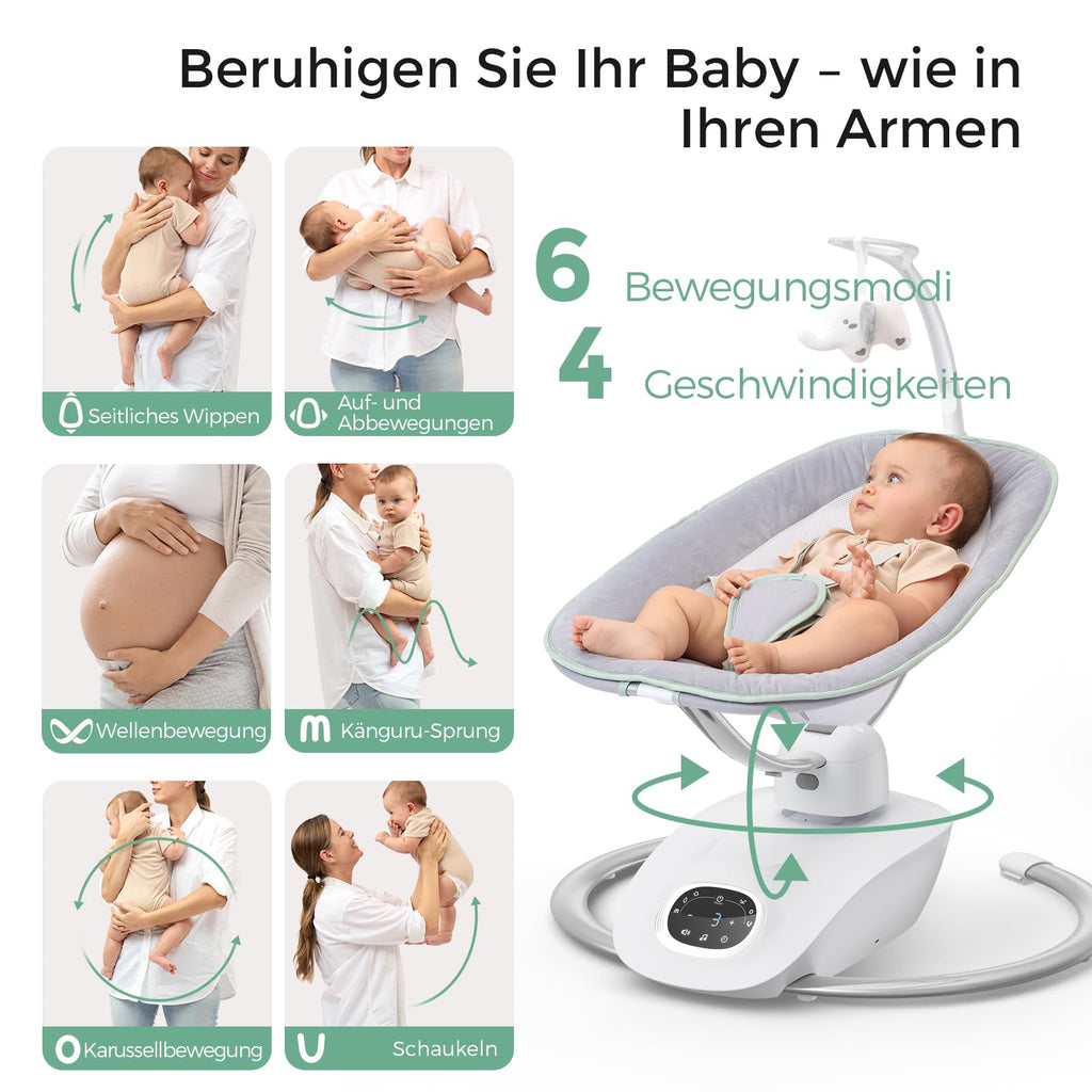 Elektrische Babywippe CocoSway mit 3D-Bewegung 6 Bewegungsarten 4 Geschwindigkeiten Fernbedienung 5-Punkt-Gurt 180° drehbar bis 9 kg